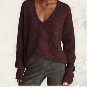 NEW Rag & Bone Donegal Recycled Wool V-neck Relaxed Fit Burgundy Sweater